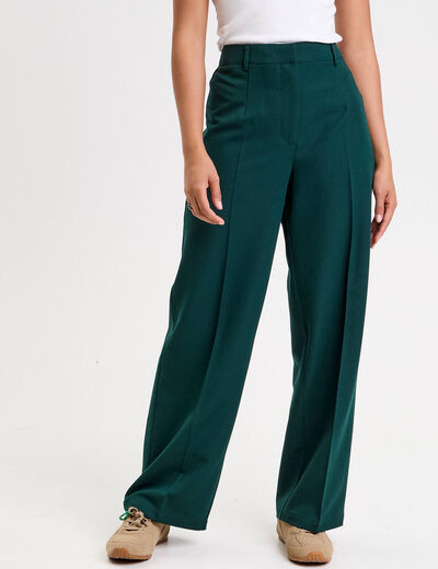 Pantalon large taille haute vert fonc&eacute; femme