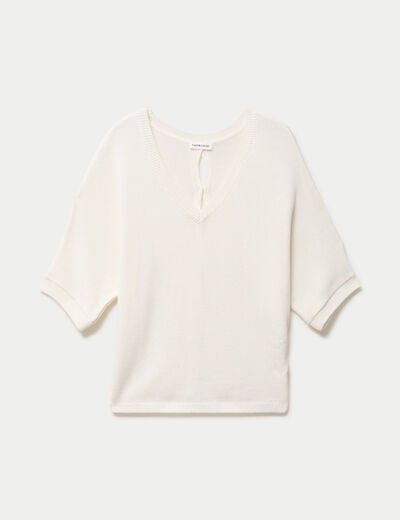 Pull ample col v manches courtes blanc femme