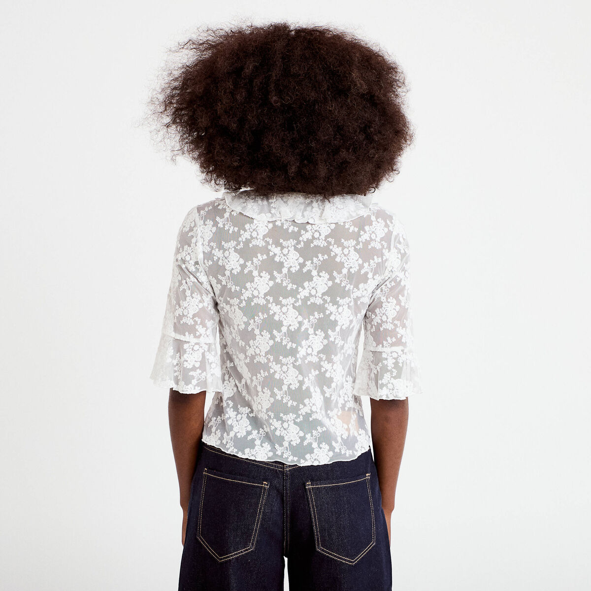 Blouse dentelle &agrave; volants ecru femme