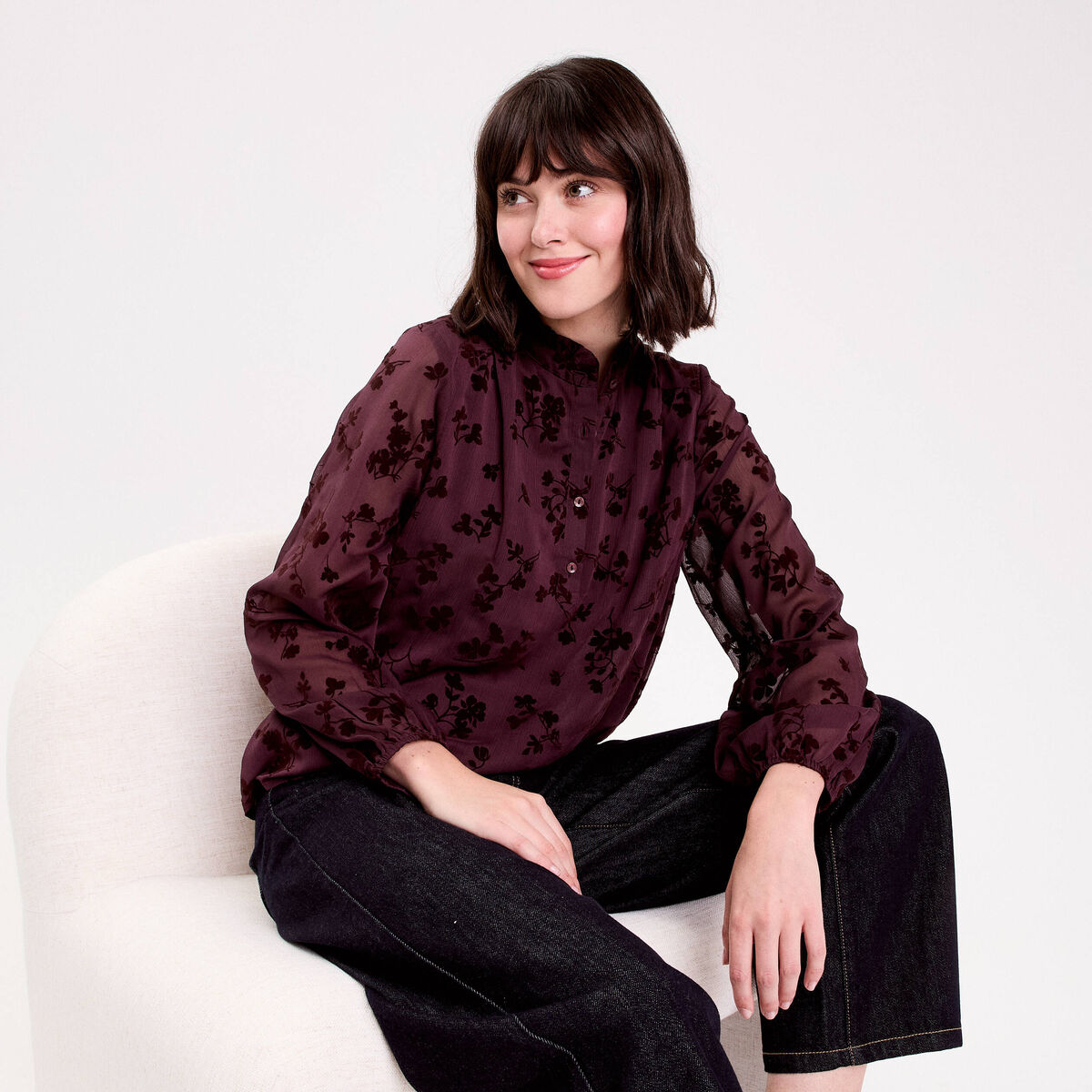 Blouse fluide manches longues marron cognac femme