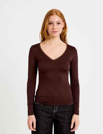 T-shirt thermique col en V plumetis marron fonc&eacute; femme