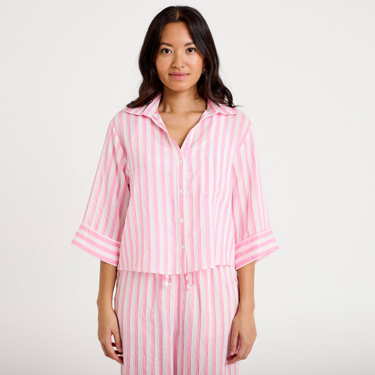 Blouse ample col tunisien manches 3/4 rose femme