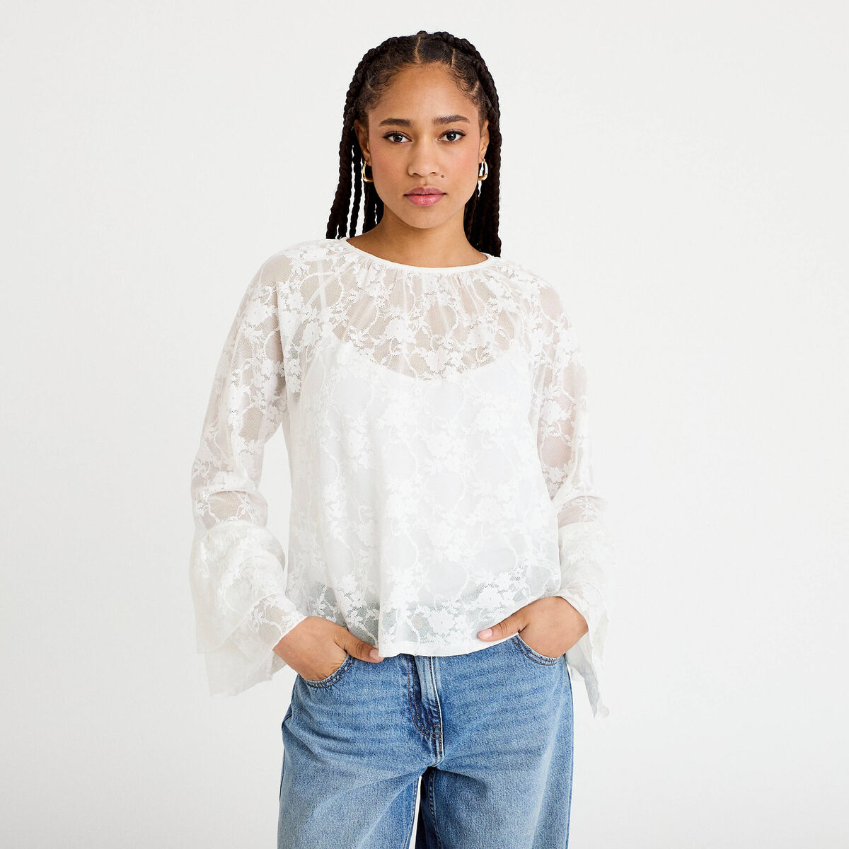 Blouse col rond manches longues dentelle ecru femme