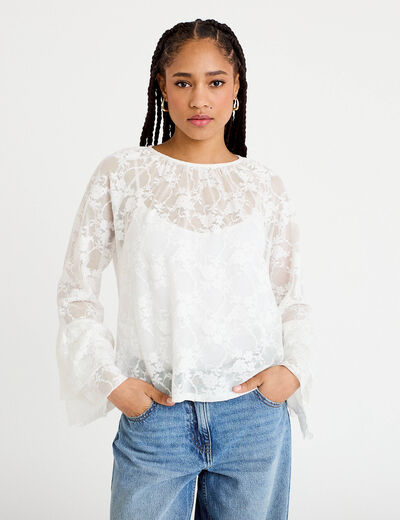 Blouse col rond manches longues dentelle ecru femme