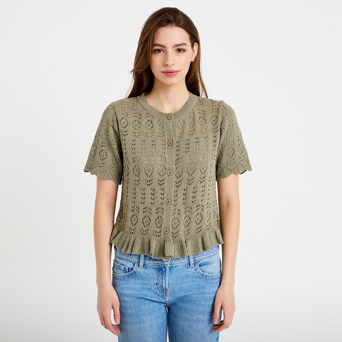 Gilet ajour&eacute; manches courtes col rond vert kaki femme