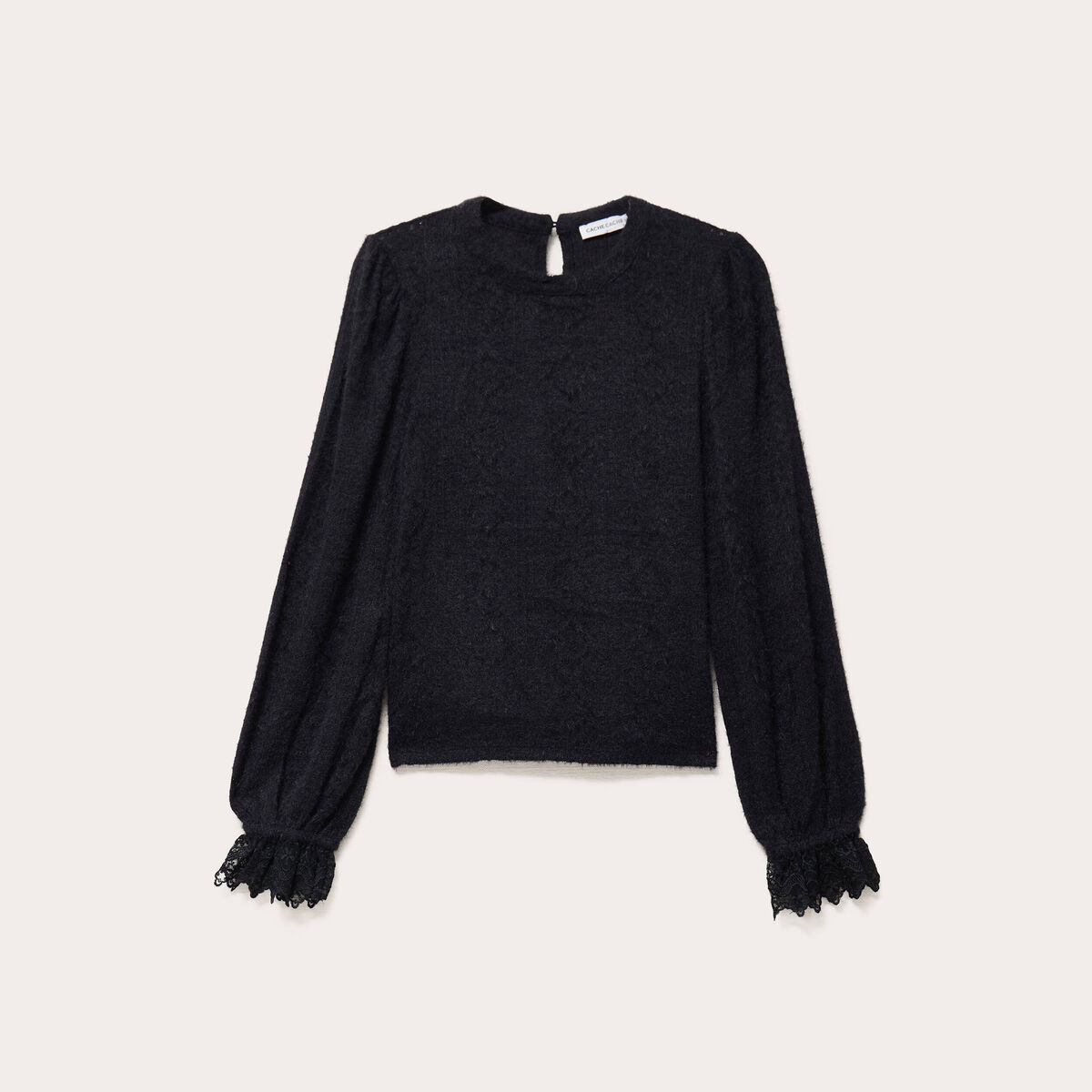 Top dentelle manches longues col rond noir femme
