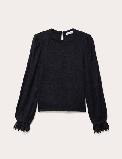 Top dentelle manches longues col rond noir femme