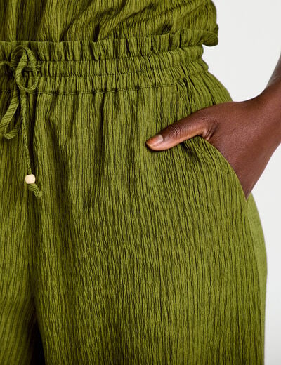 Pantalon large fluide taille haute vert kaki femme