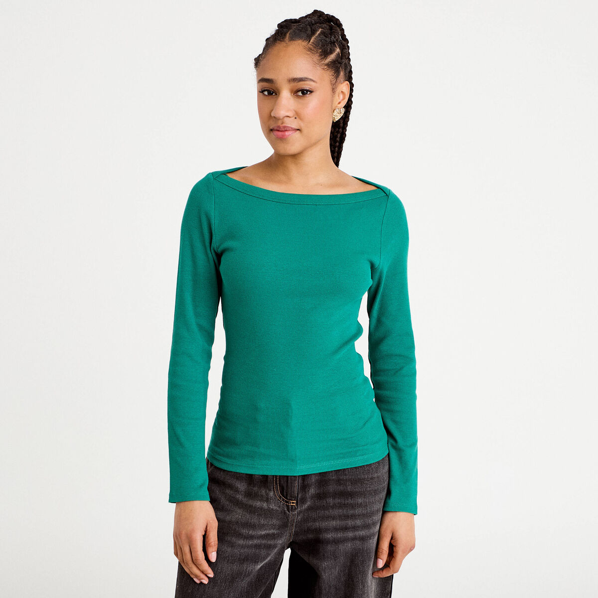 T-shirt col bateau vert &eacute;meraude femme