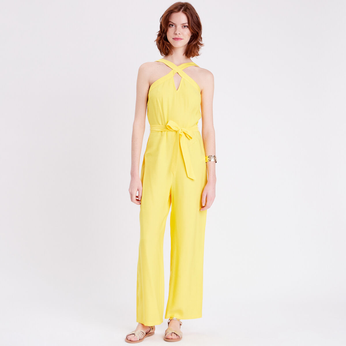 Combinaison pantalon jambes larges jaune fluo femme