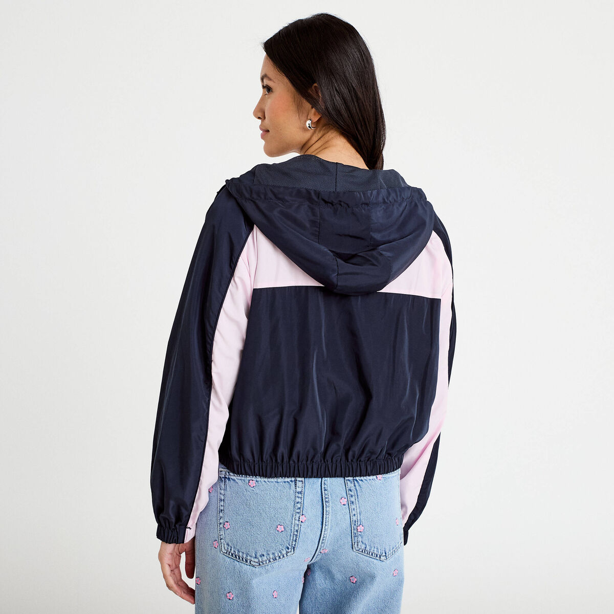Veste cropped &agrave; capuche bas resserr&eacute; bleu marine femme