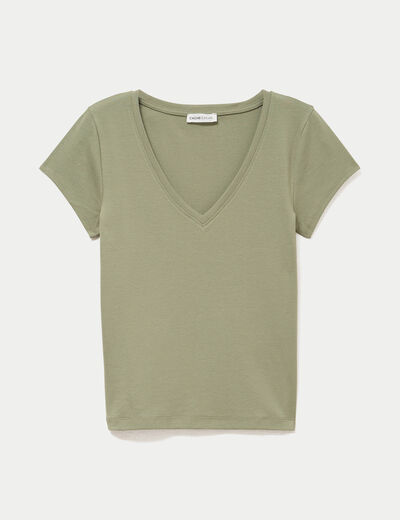 T-shirt ajust&eacute; col v manches courtes vert kaki femme