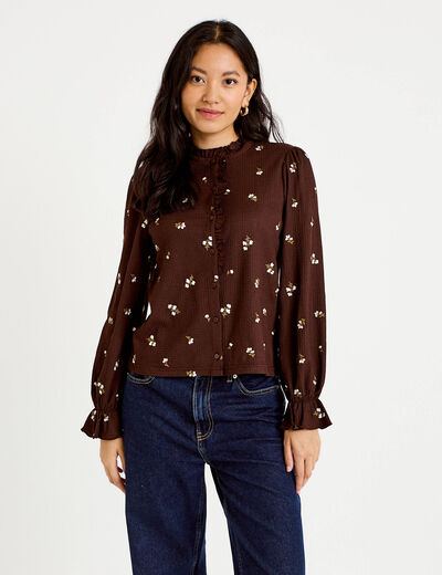 Chemise droite broderie manches longues marron fonc&eacute; femme