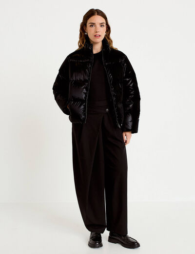 Doudoune cropped col montant brillante noir femme