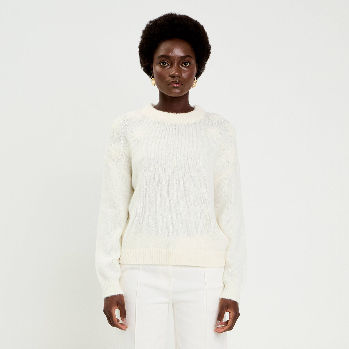 Pull brod&eacute; manches longues ecru femme