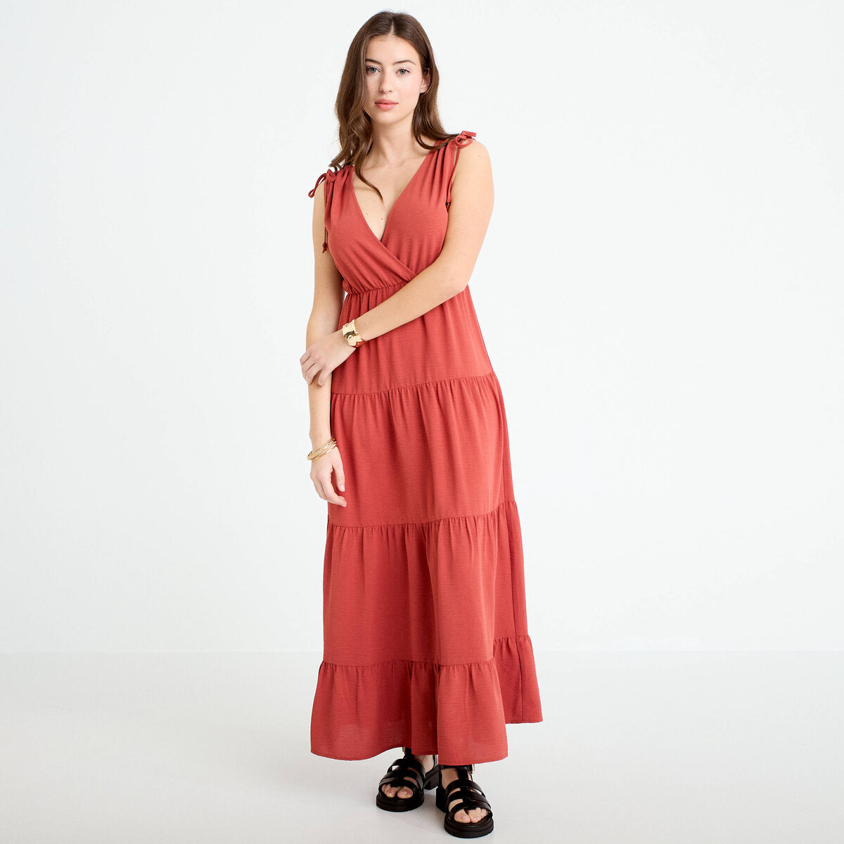 Robe longue &eacute;vas&eacute;e col V vieux rose femme