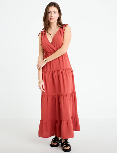 Robe longue &eacute;vas&eacute;e col V vieux rose femme