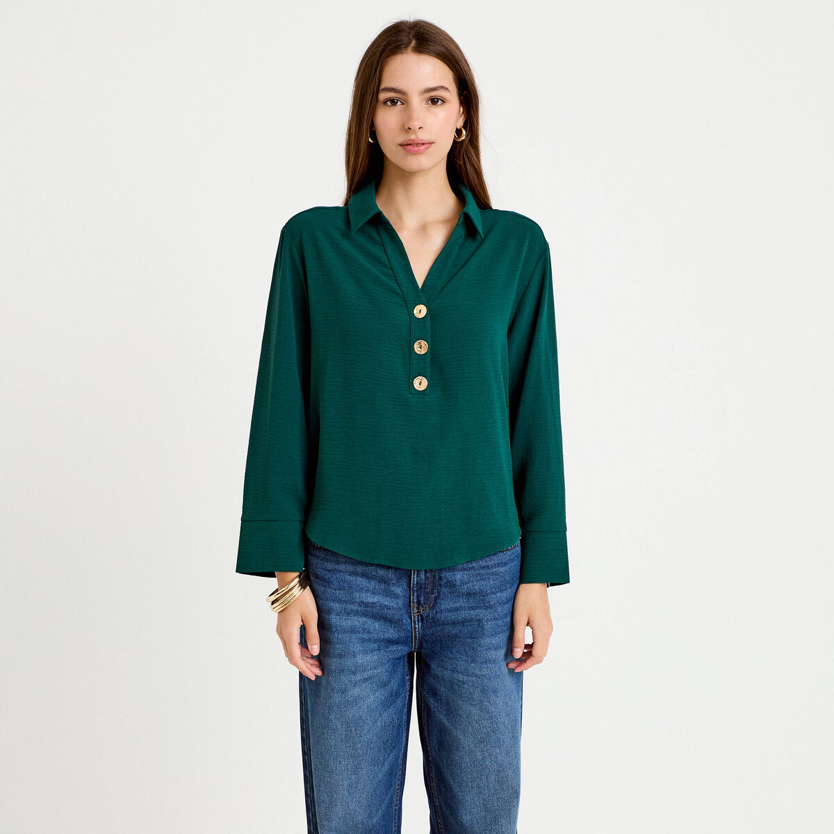 Blouse manches longues vert fonc&eacute; femme