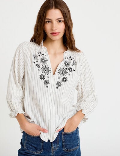 Blouse ample broderie manches 3/4 blanc femme