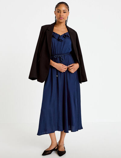 Robe longue &eacute;vas&eacute;e col v bretelles bleu marine femme