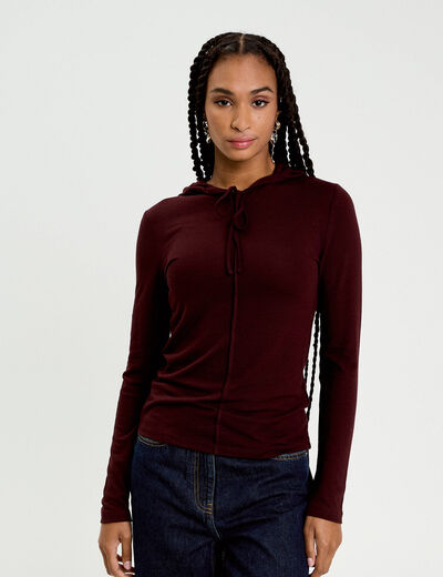 Pull &agrave; capuche rouge fonc&eacute; femme