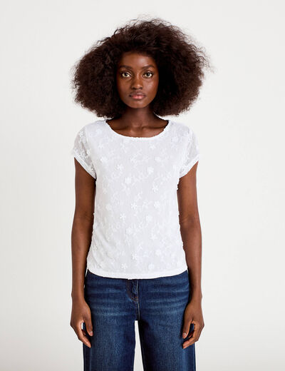 T-shirt ajust&eacute; col rond dentelle blanc femme