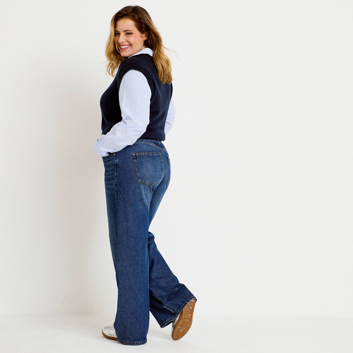 Jeans wide leg taille haute bleu fonc&eacute; femme