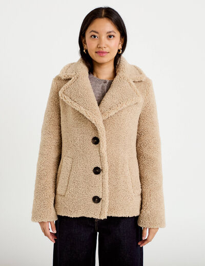 Manteau droit bouclettes col tailleur beige femme