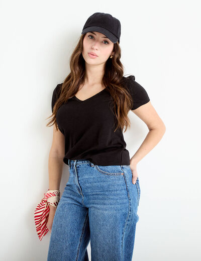 T-shirt col v manches courtes noir femme