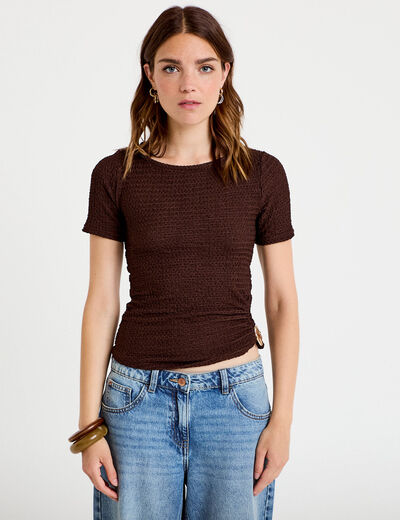 T-shirt col rond manches courtes bijou marron fonc&eacute; femme