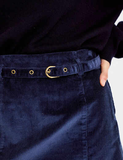 Jupe-short &eacute;vas&eacute;e velours ceinture bleu marine femme