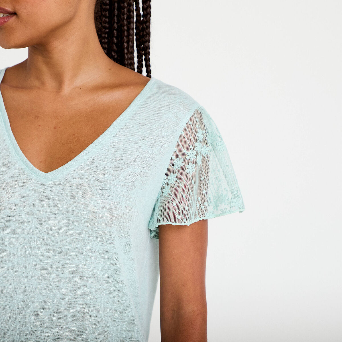 T-shirt manches dentelle vert clair femme