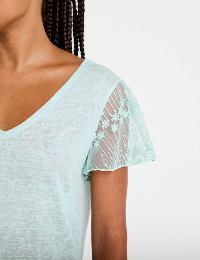 T-shirt manches dentelle vert clair femme