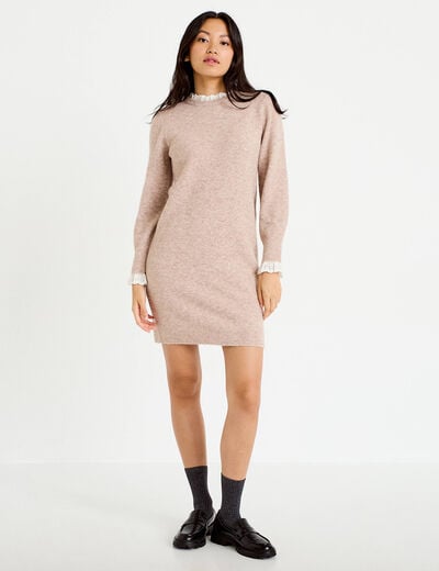 Robe pull ajust&eacute;e col rond dentelle taupe femme