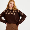 Pull oversize brod&eacute; manches longues marron fonc&eacute; femme