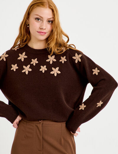 Pull oversize brod&eacute; manches longues marron fonc&eacute; femme