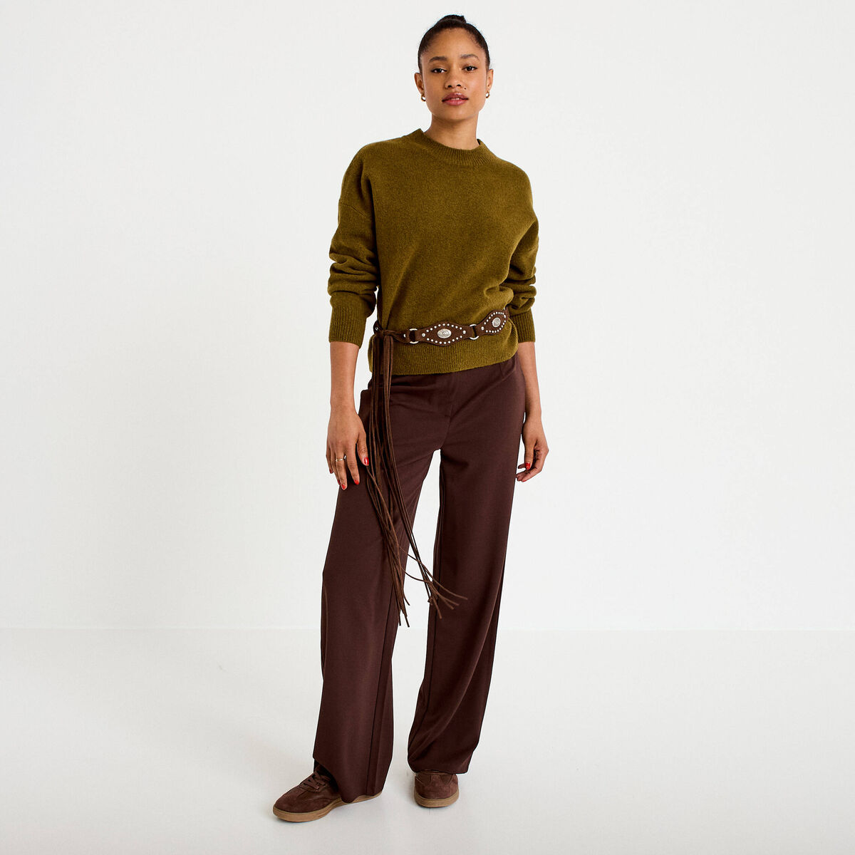 Pull col rond vert olive femme