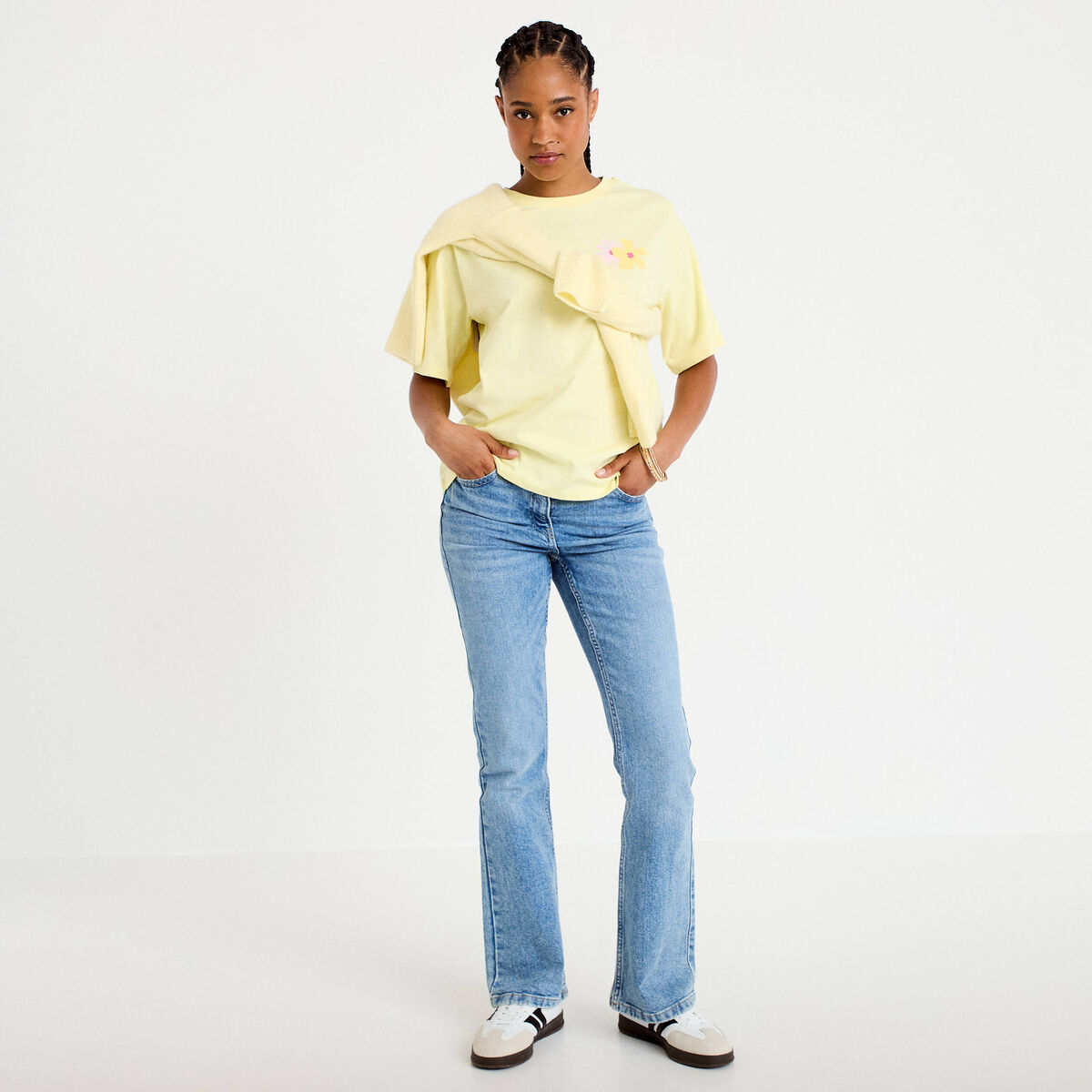 T-shirt col rond manches courtes jaune clair femme
