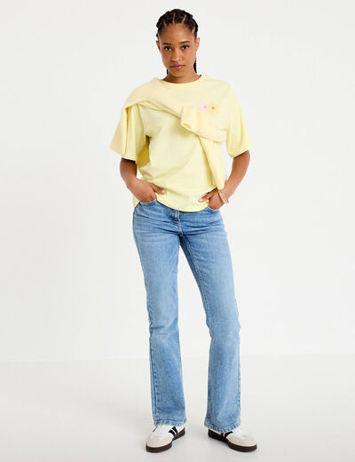 T-shirt col rond manches courtes jaune clair femme
