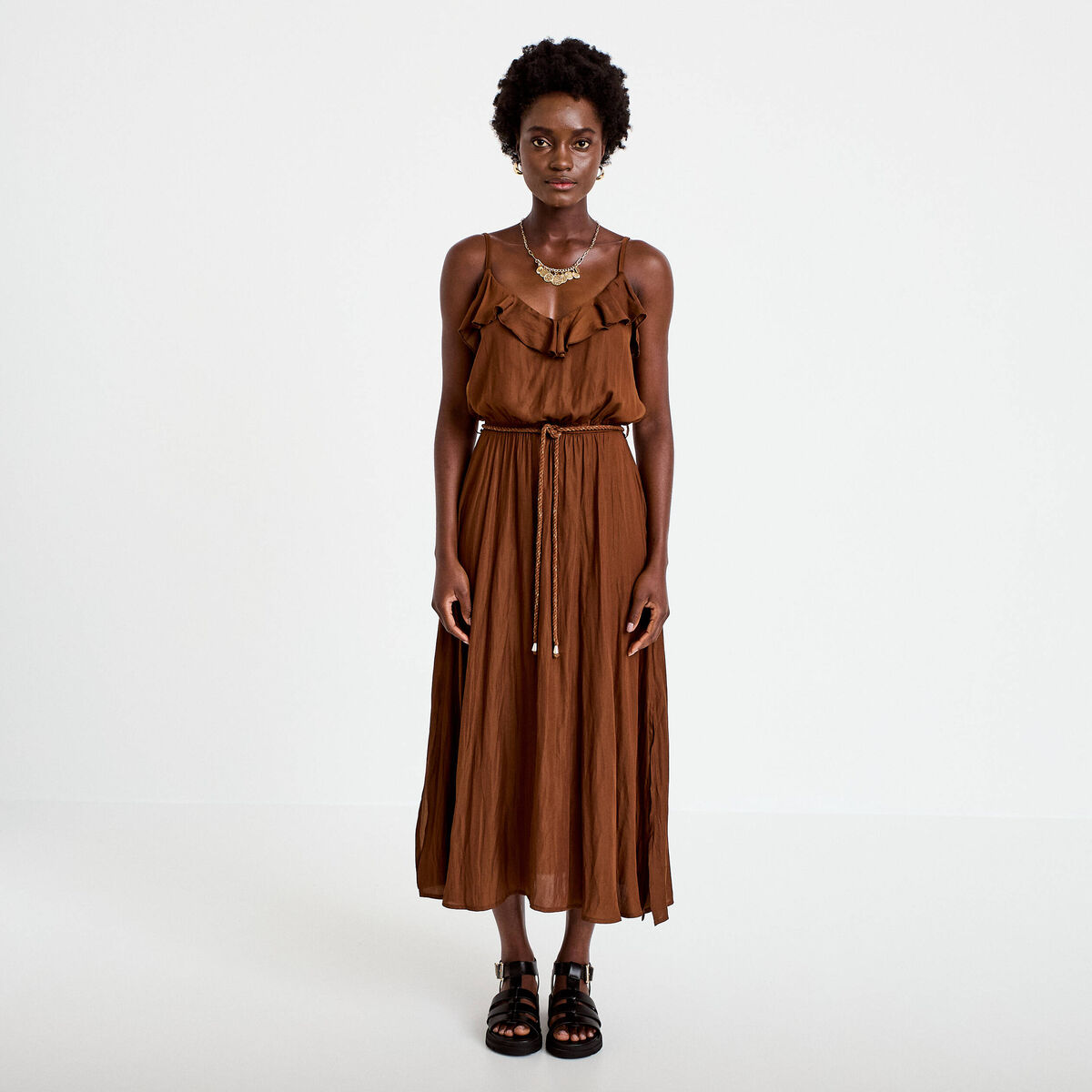 Robe longue &eacute;vas&eacute;e col v bretelles marron femme
