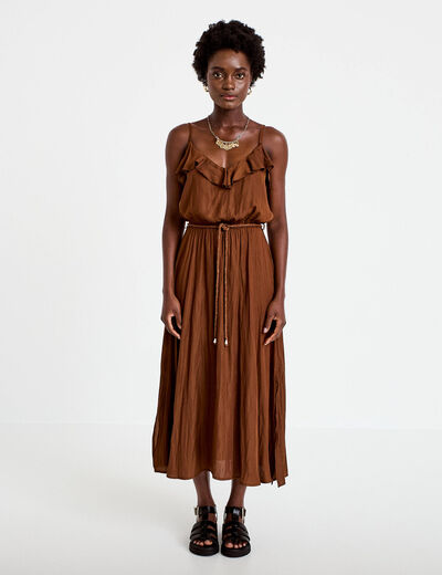 Robe longue &eacute;vas&eacute;e col v bretelles marron femme
