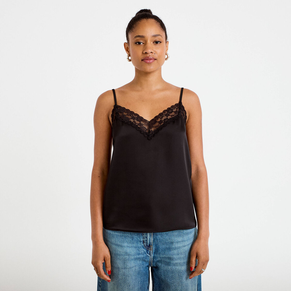D&eacute;bardeur ajust&eacute; d&eacute;collet&eacute; dentelle noir femme