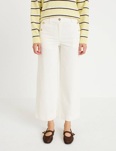Pantalon taille haute velours ecru femme