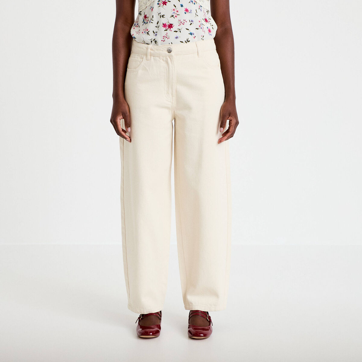 Pantalon balloon broderie taille basse ecru femme