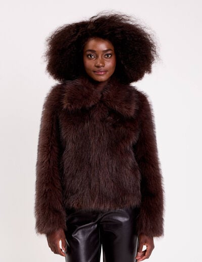 Veste courte en fausse fourrure marron fonc&eacute; femme