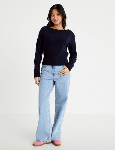 Pull col bateau bleu marine femme