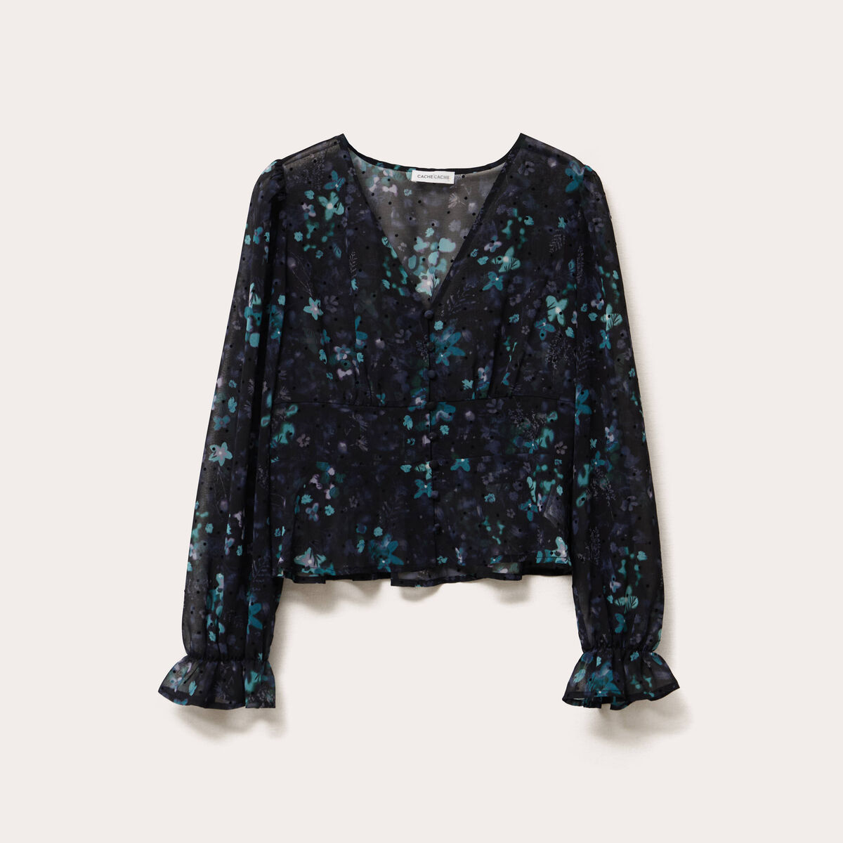 Blouse cintr&eacute;e courte en voile col V noir femme