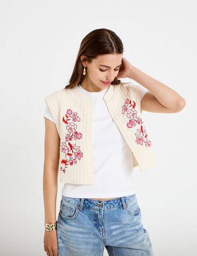 Gilet sans manches brod&eacute; blanc femme