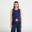 Gilet jean cintr&eacute; cropped sans manches denim brut femme