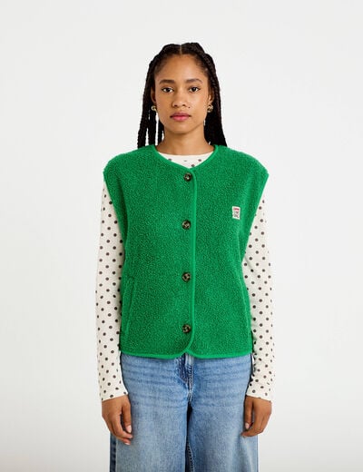 Gilet sans manches effet polaire vert fonc&eacute; femme